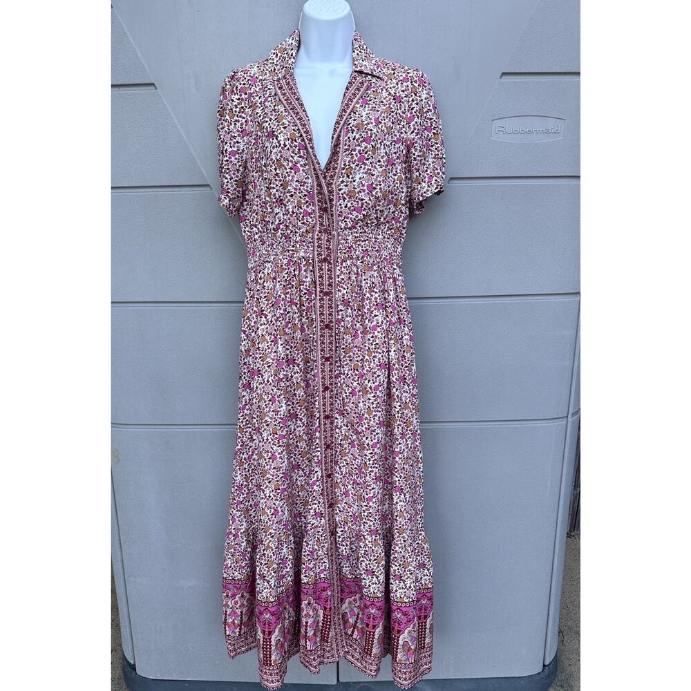 In Loom Floral Border Print Button Front Midi Dress Sz S Feminine Cottagecore - Picture 4 of 14